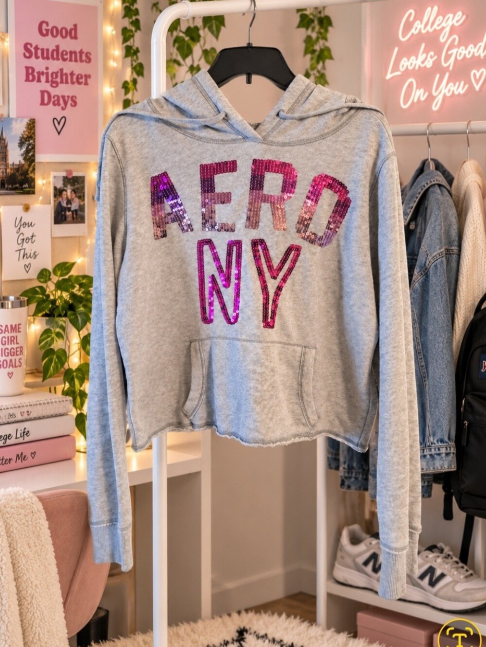 Aeropostale Cropped Gray Hoodie with Pink Sequins. XL